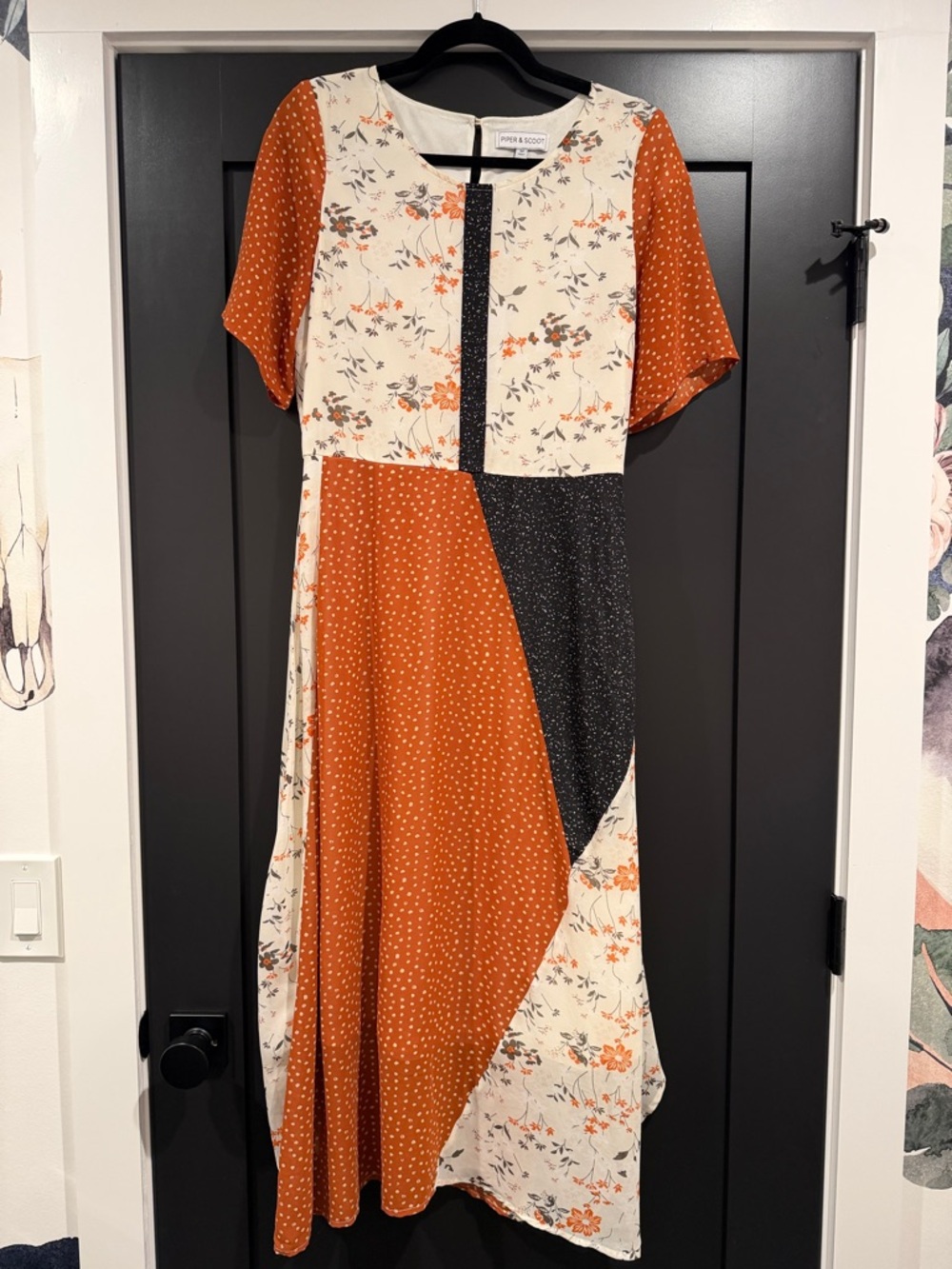 Mixed-Print Maxi Dress in Rust and Cream